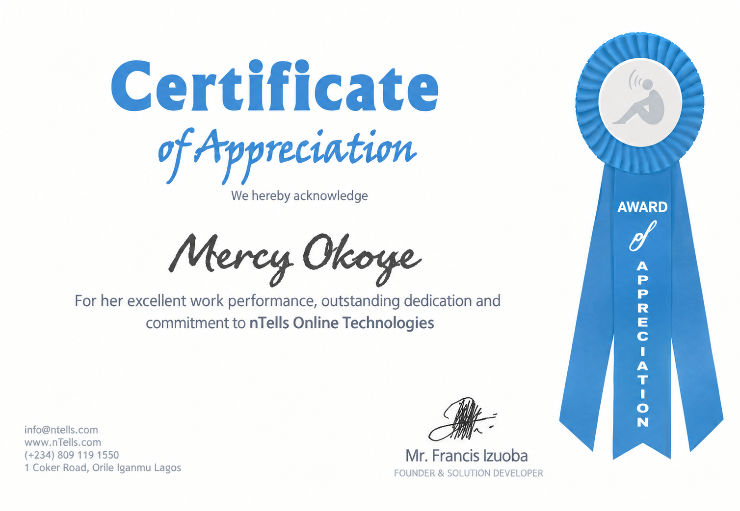 Mercy Okoye certificate
